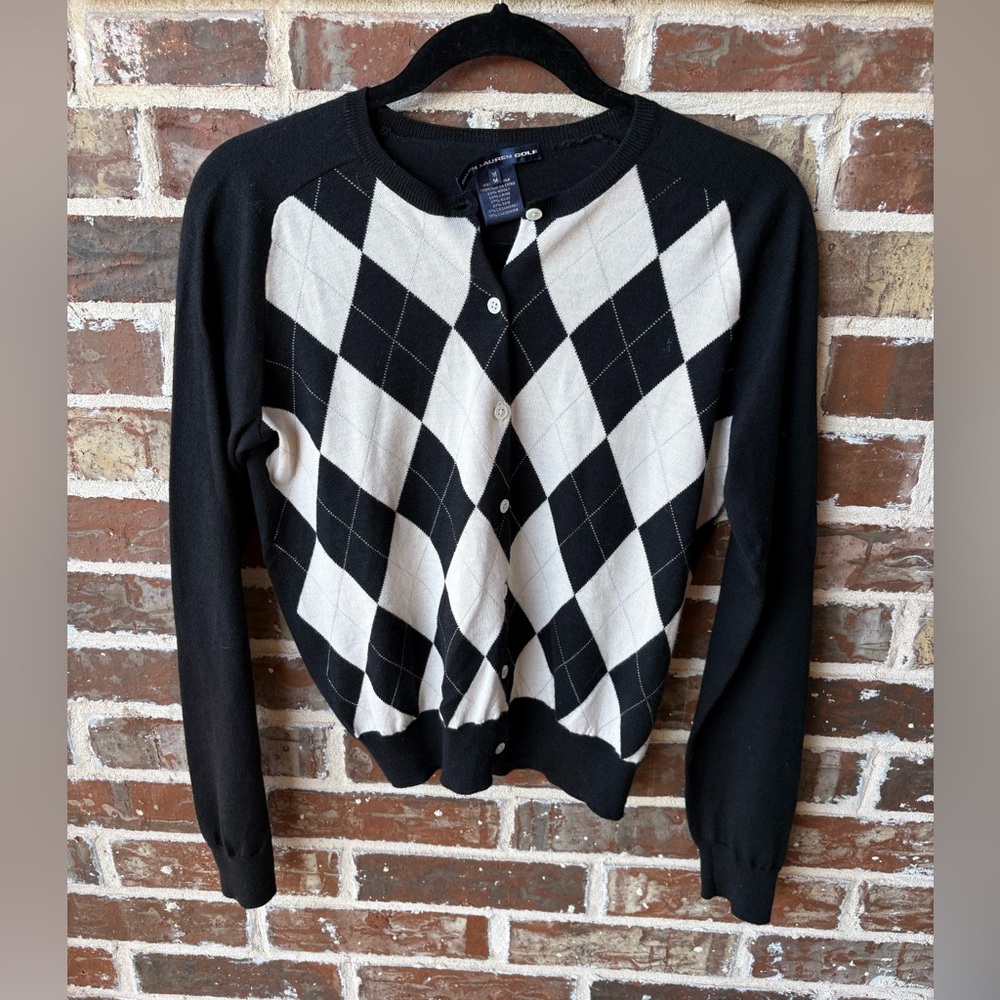 Ralph Lauren Golf Argyle Black White Silk Cashmere Cardigan Size Medium - Picture 11 of 12